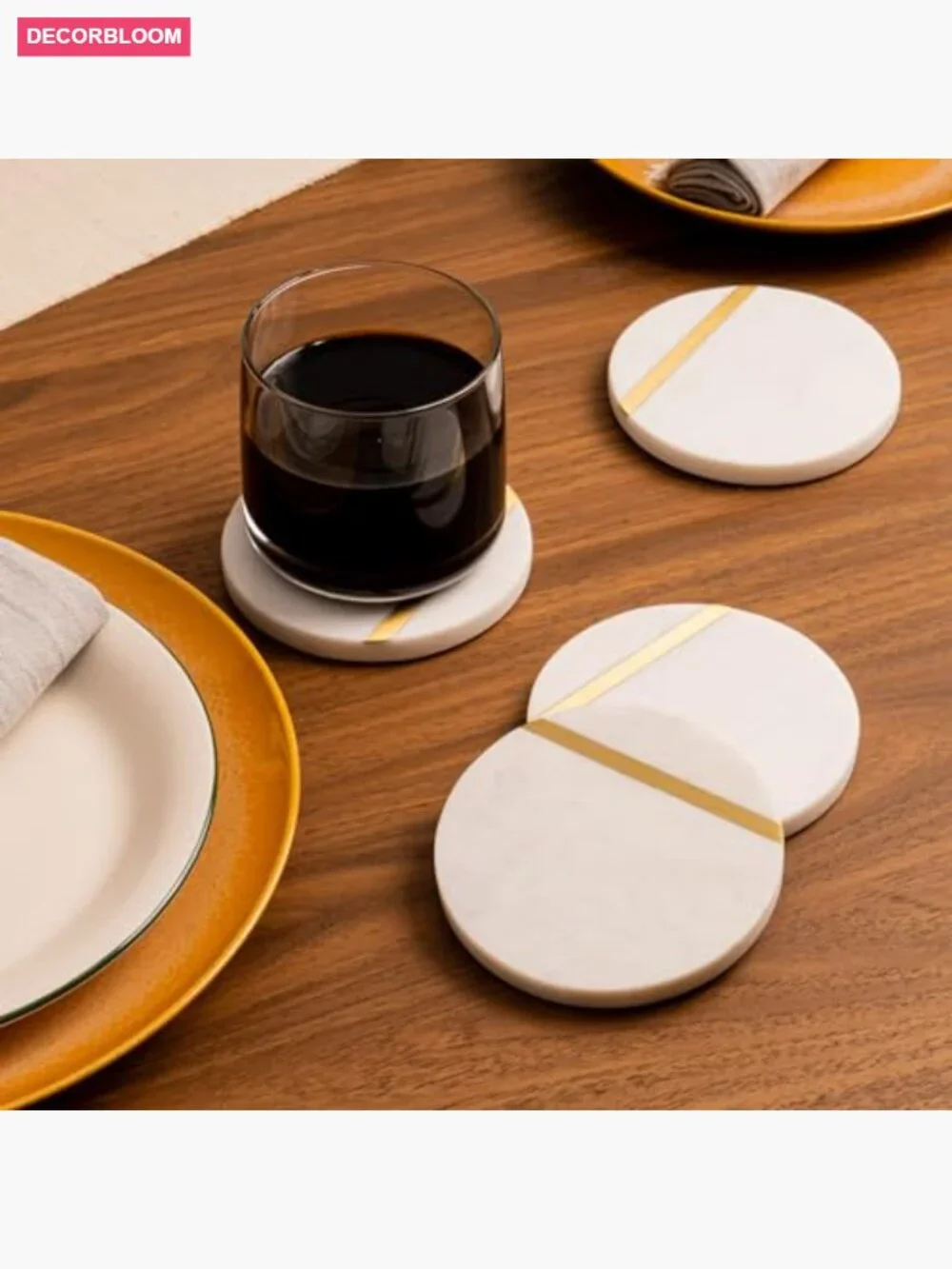 Set of 6 Luxury Marble Coasters with Brass Inlay - Modern Home Decor